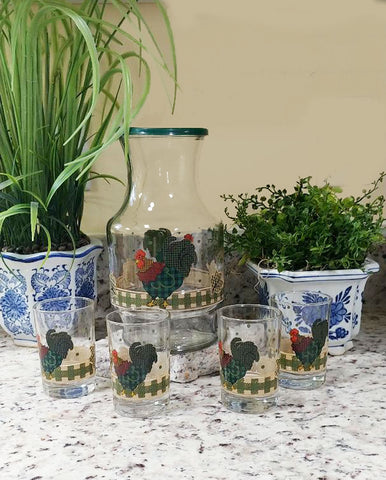 VINTAGE ROOSTER & OAK LEAF JUICE DECANTER / PITCHER WITH 4 JUICE GLASSES - JUST ADORABLE! - (SET OF 1 PITCHER & 4 GLASSES  ITEMS)