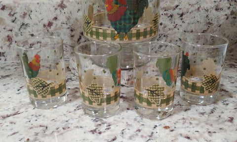 VINTAGE ROOSTER & OAK LEAF JUICE DECANTER / PITCHER WITH 4 JUICE GLASSES - JUST ADORABLE! - (SET OF 1 PITCHER & 4 GLASSES  ITEMS)