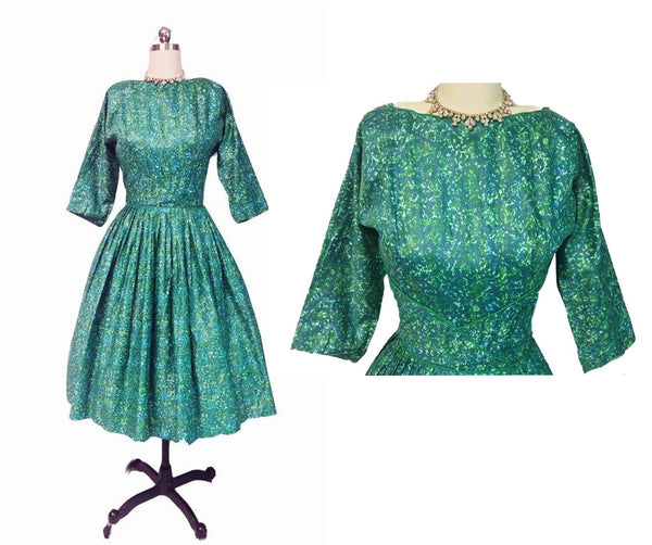 VINTAGE JOHN WOLF FABRIC MEO OF CALIFORNIA GREEN PRINT POLISHED COTTO   Vintage Clothing & Fashions | Midnight Glamour