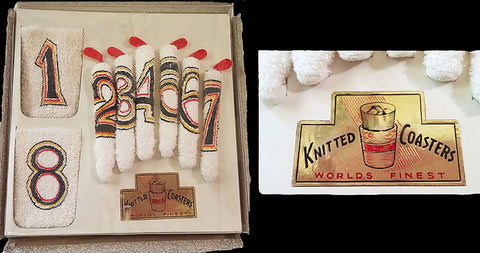 VINTAGE "WORLDS FINEST KNITTED GOLF COASTERS" & GOLF STICK STIR STICKS - NEW OLD STOCK -  (8 DRINK COVER COASTERS & 8 STIR STICKS)