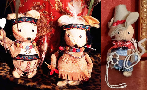 VINTAGE 1980S KURT ADLERS THANKSGIVING AMERICAN INDIAN GIRL BOY AND COWBOY THANKSGIVING TABLE DECORATIONS - (SET OF 2 )