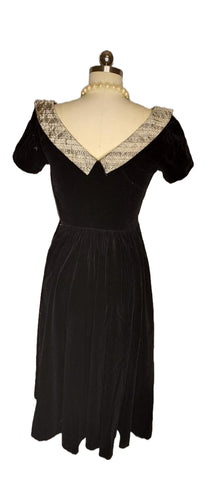 *  VINTAGE LANZ BLACK VELVETY DRESS WITH METALLIC GOLD AND SILVER BROCADE APRON ON THE FRONT