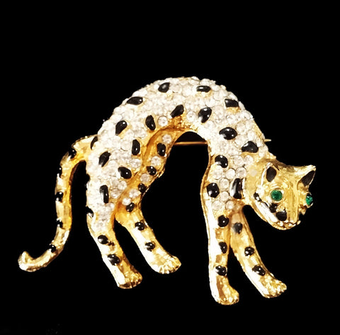 VINTAGE CRYSTAL RHINESTONE & ENAMEL LEOPARD PIN ACCENTED WITH GREEN EYES