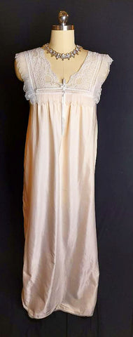 SOLD -  VINTAGE LILY OF FRANCE FLANNEL LINED SATIN, PLEATS AND LACE NIGHTGOWN IN PARIS PINK