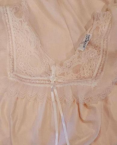 SOLD -  VINTAGE LILY OF FRANCE FLANNEL LINED SATIN, PLEATS AND LACE NIGHTGOWN IN PARIS PINK
