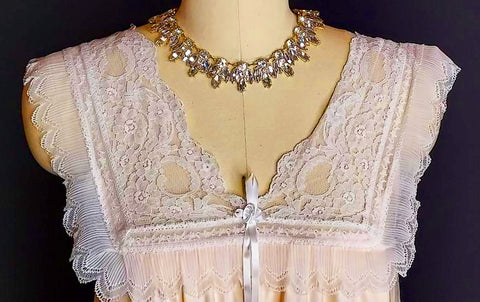 SOLD -  VINTAGE LILY OF FRANCE FLANNEL LINED SATIN, PLEATS AND LACE NIGHTGOWN IN PARIS PINK