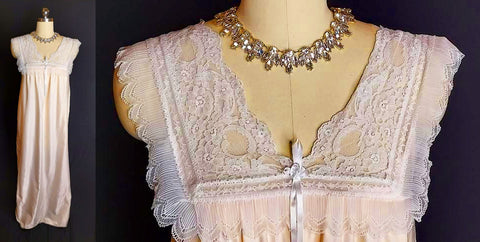 SOLD -  VINTAGE LILY OF FRANCE FLANNEL LINED SATIN, PLEATS AND LACE NIGHTGOWN IN PARIS PINK