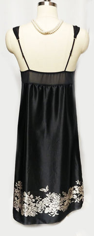 MORGAN TAYLOR INTIMATES BLACK & CHAMPAGNE SATIN FLORAL WITH BUTTERFLIES NIGHTGOWN ADORNED WITH BOW