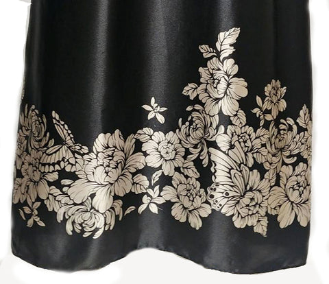 MORGAN TAYLOR INTIMATES BLACK & CHAMPAGNE SATIN FLORAL WITH BUTTERFLIES NIGHTGOWN ADORNED WITH BOW