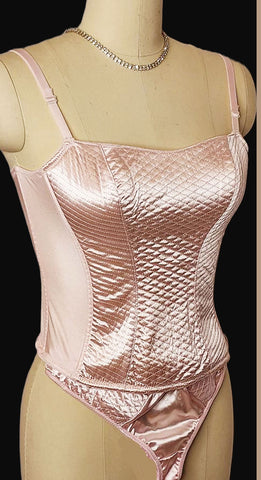 *  VINTAGE NATIVE INTIMATES PINK QUILTED SATIN MERRY WIDOW WITH THONG PANTIES NEW OLD STOCK WITH TAG