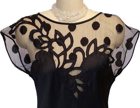 *  VINTAGE 1980S NATORI BLACK SATIN AND NET NIGHTGOWN ADORNED WITH APPLIQUES SPOTS