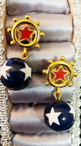 *VINTAGE NAVY, RED & WHITE STAR NAUTICAL / 4TH OF JULY EARRINGS
