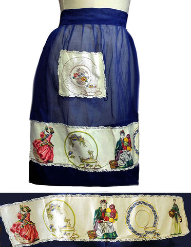 *VINTAGE NAVY APRON WITH DINNERWARE, OLD FASHIONED LADIES & BALLOONS