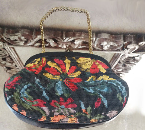 *VINTAGE FLORAL & LEAF NEEDLEPOINT / PETTIPOINT TAPESTRY PURSE
