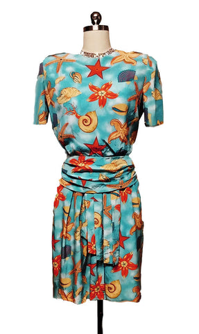 VINTAGE '80s ALBERT NIPON BOUTIQUE SEASHELL & STARFISH SILK DRESS