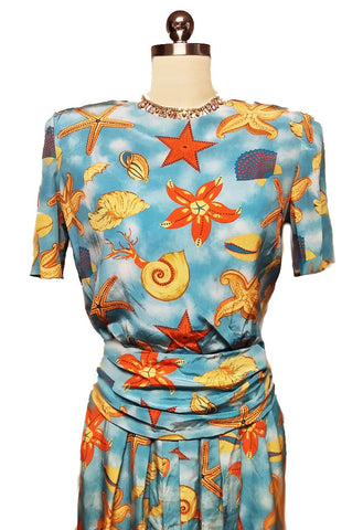 VINTAGE '80s ALBERT NIPON BOUTIQUE SEASHELL & STARFISH SILK DRESS