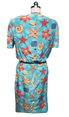VINTAGE '80s ALBERT NIPON BOUTIQUE SEASHELL & STARFISH SILK DRESS