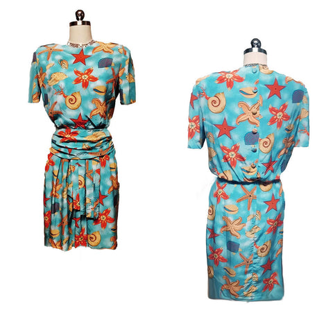 VINTAGE '80s ALBERT NIPON BOUTIQUE SEASHELL & STARFISH SILK DRESS