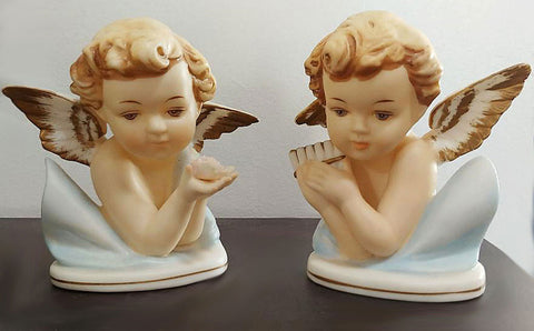VINTAGE 1950s NORCREST WINGED PORCELAIN CHERUBS - BEAUTIFULLY PAINTED - (SET OF 2 CHERUBS)