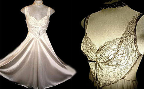 VINTAGE OLGA RARE DESIGN ALL-LACE BODICE & SHEER BACK NIGHTGOWN IN MOONBEAMS