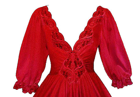 VINTAGE RARE OLGA SPANDEX LACE NIGHTGOWN WITH SLEEVES IN FERRARI RED