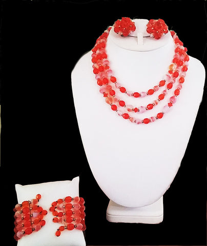 *VINTAGE 3-PIECE SET CRYSTAL GLASS & ART GLASS NECKLACE, EARRINGS & WIRE WRAP BRACELET PARURE IN ORANGE PEEL - MADE IN WEST GERMANY