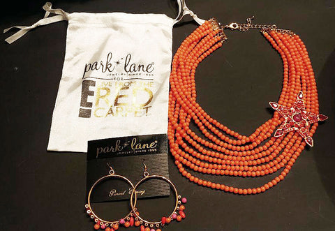 NEW OLD STOCK -  GORGEOUS PARK LANE TANGERINE & HOT PINK RHINESTONE MULTI-STRAND NECKLACE & MATCHING BEADED EARRINGS