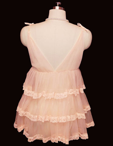 VINTAGE LACE & SHEER NYLON BABY DOLL GRAND SWEEP SHORTY NIGHTGOWN WITH ADORABLE TIERED FLOUNCES - NEARLY 17 FEET IN CIRCUMFERENCE