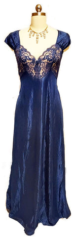 VINTAGE SHIMMERING NAVY LACE NIGHTGOWN WITH CRISS CROSS BACK