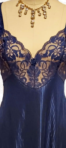VINTAGE SHIMMERING NAVY LACE NIGHTGOWN WITH CRISS CROSS BACK