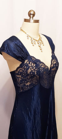 VINTAGE SHIMMERING NAVY LACE NIGHTGOWN WITH CRISS CROSS BACK