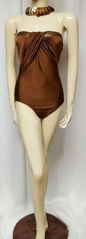 GLAMOROUS SOPHISTICATED LOOK VINTAGE PIERRE CARDIN STRAPLESS SPANDEX SWIMSUIT IN BRONZE MADE IN HONG KONG