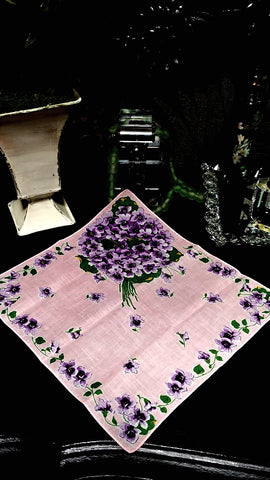 *VINTAGE BOUQUET OF VIOLETS  ON PINK HANDKERCHIEF - SO DAINTY & FEMININE!