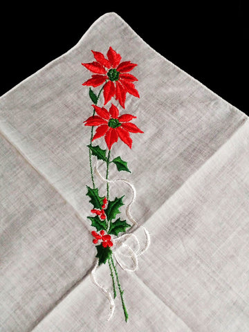 *VINTAGE UNIQUE '50s/ '60s SCALLOPED FLOCKED CHRISTMAS POINSETTIAS WITH HOLLY BERRY LEAVES HANDKERCHIEF