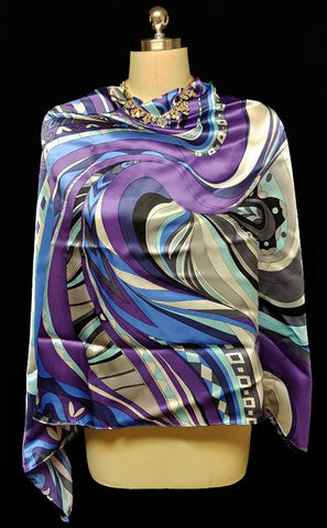 *NEW - PUCCI INSPIRED VINTAGE 60s / 70S LOOK COLORS HAND MADE BORDER PRINT SCARF IN SILK SATIN IMPORTED FROM ITALY