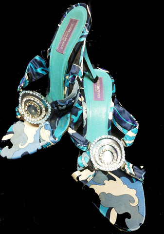 BEAUTIFUL EMILIO PUCCI FAMOUS COLORS OF TURQUOISE & PURPLE SATIN HEELS / MULES WITH SPARKLING RHINESTONES & SIGNATURE
