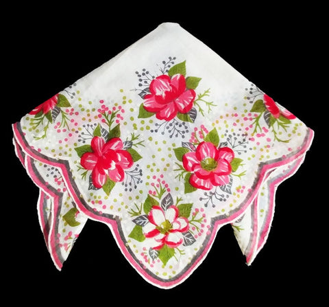 *BEAUTIFUL VINTAGE PINK AND GREEN FLORAL AND LEAF HANDKERCHIEF