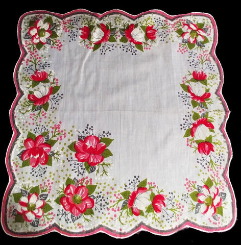 *BEAUTIFUL VINTAGE PINK AND GREEN FLORAL AND LEAF HANDKERCHIEF