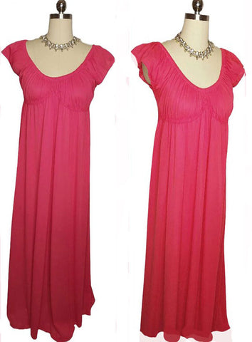 *  VINTAGE EMPIRE STYLE SILKY NYLON NIGHTGOWN IN SUMMER RASPBERRY WITH FLUTTER SLEEVES