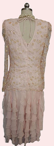 VINTAGE  PINK CHIFFON RUFFLE TIER DRESS WITH SPARKLING SEQUINS PEARLS