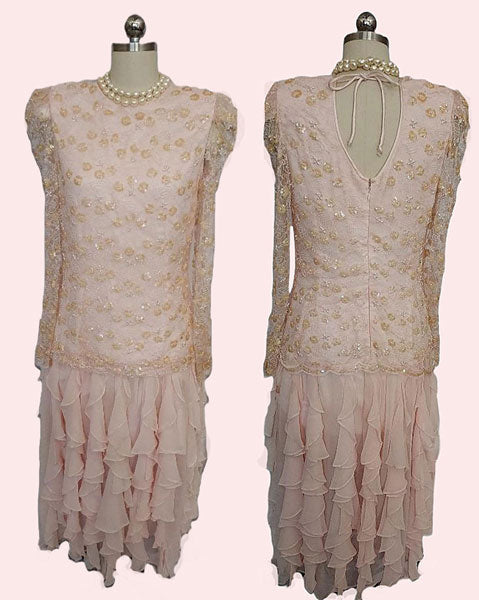 VINTAGE  PINK CHIFFON RUFFLE TIER DRESS WITH SPARKLING SEQUINS PEARLS
