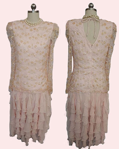 VINTAGE  PINK CHIFFON RUFFLE TIER DRESS WITH SPARKLING SEQUINS PEARLS