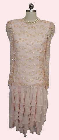 VINTAGE  PINK CHIFFON RUFFLE TIER DRESS WITH SPARKLING SEQUINS PEARLS