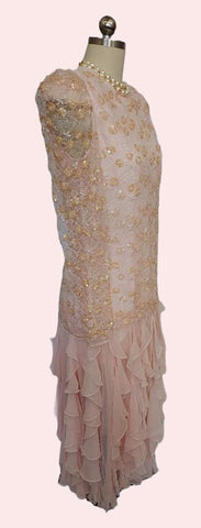 *  VINTAGE  PINK CHIFFON RUFFLE TIER DRESS WITH SPARKLING SEQUINS PEARLS
