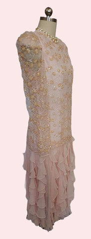 VINTAGE  PINK CHIFFON RUFFLE TIER DRESS WITH SPARKLING SEQUINS PEARLS