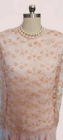 VINTAGE  PINK CHIFFON RUFFLE TIER DRESS WITH SPARKLING SEQUINS PEARLS
