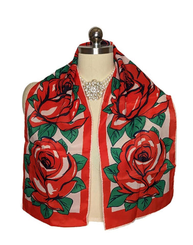 VINTAGE GORGEOUS RED ROSES SILK SCARF PERFECT GIFT FOR VALENTINES DAY OR ANY DAY OF THE YEAR