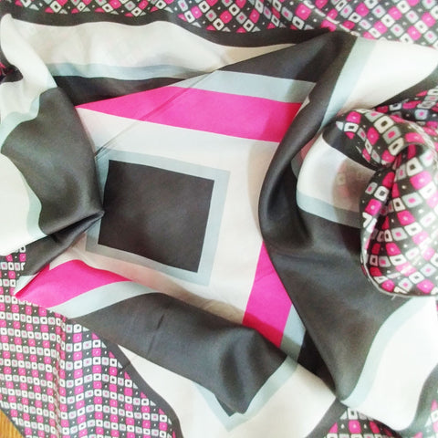 VINTAGE ELSA SCHIAPARELLI SILK SCARF IN HOT PINK, STERLING SILVER & CHARCOAL