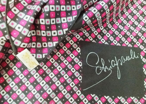 VINTAGE ELSA SCHIAPARELLI SILK SCARF IN HOT PINK, STERLING SILVER & CHARCOAL
