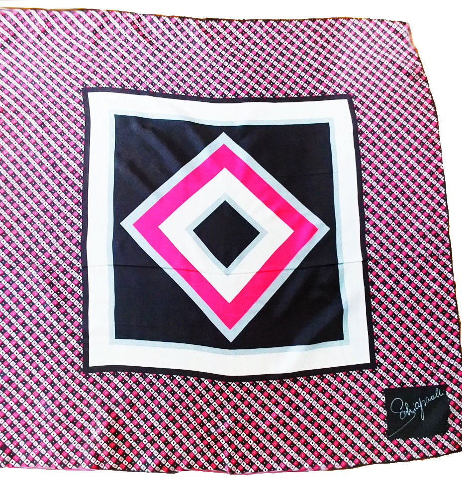 VINTAGE ELSA SCHIAPARELLI SILK SCARF IN HOT PINK, STERLING SILVER & CHARCOAL